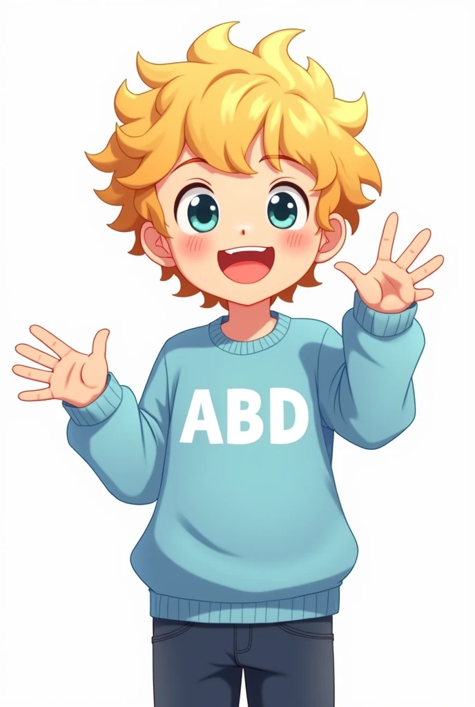 Make me a boy who looks like in anime, he has blonde curls and the background is white, he smiles and waves, the background should also be white and he has a light blue sweater with ABD written on it in white letters and take away the pink from his cheeks