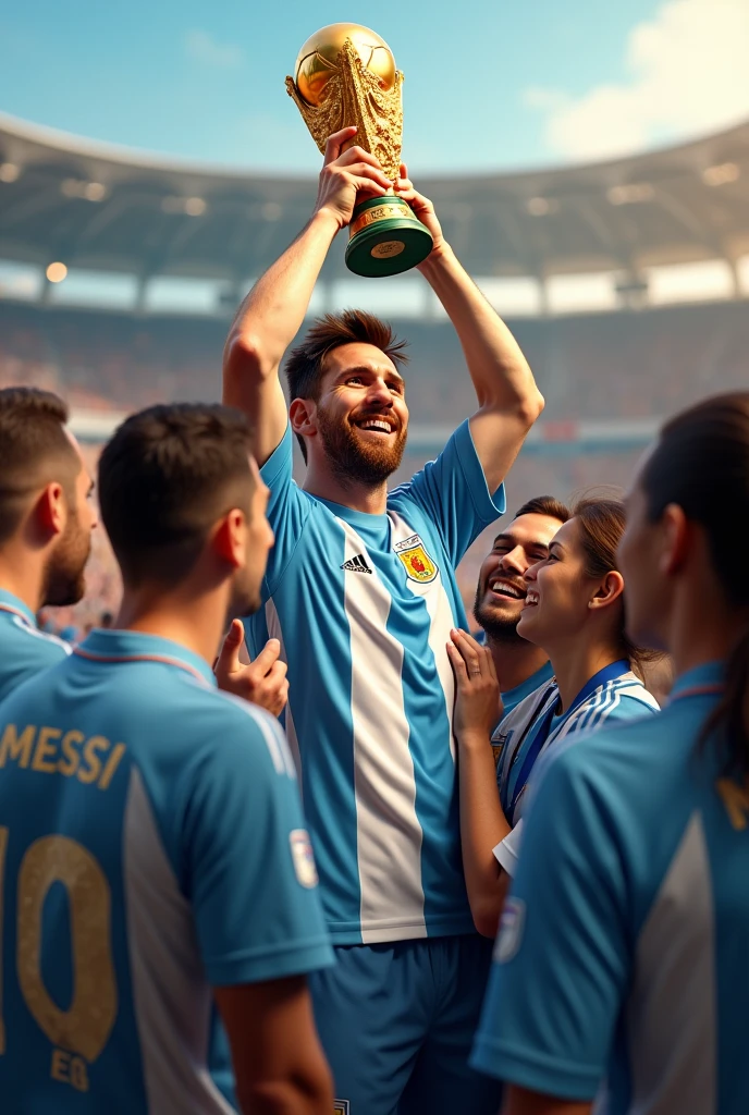 Messi with his worldcup with all his people 