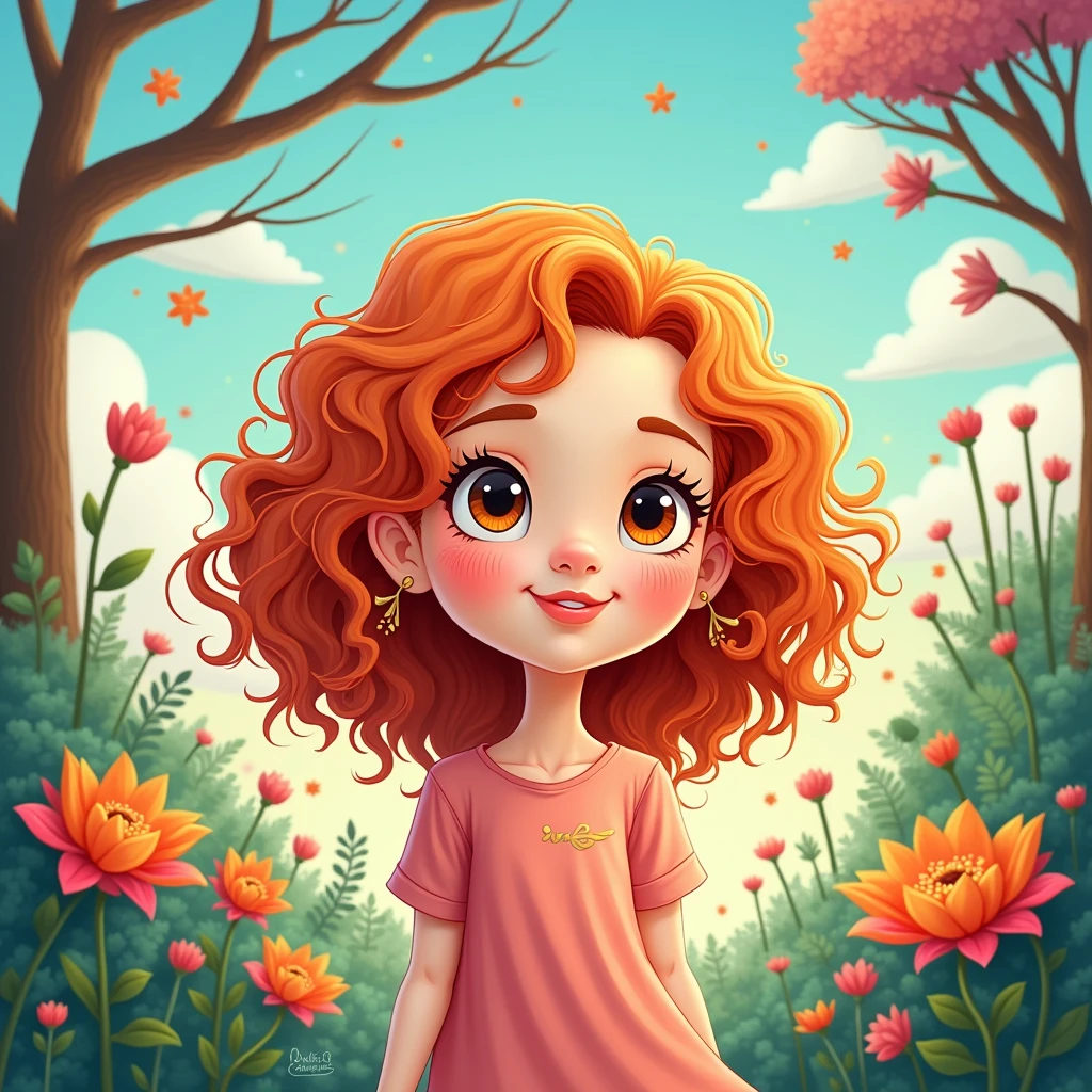 Two-dimensional cartoon design of a beautiful girl with very curly orange hair in a fantasy world