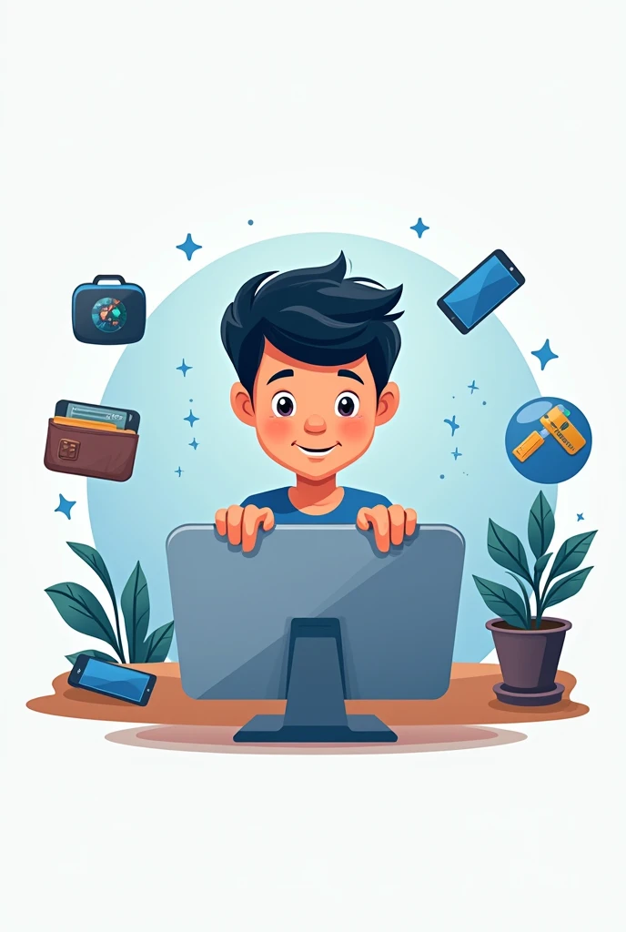 Create a digital post logo for website that show a boy posting an object on internet through desktop watching into desktop  surround with multiple items like phone, pendrive, wallet etc. reverse it
The boy face towards desktop 
