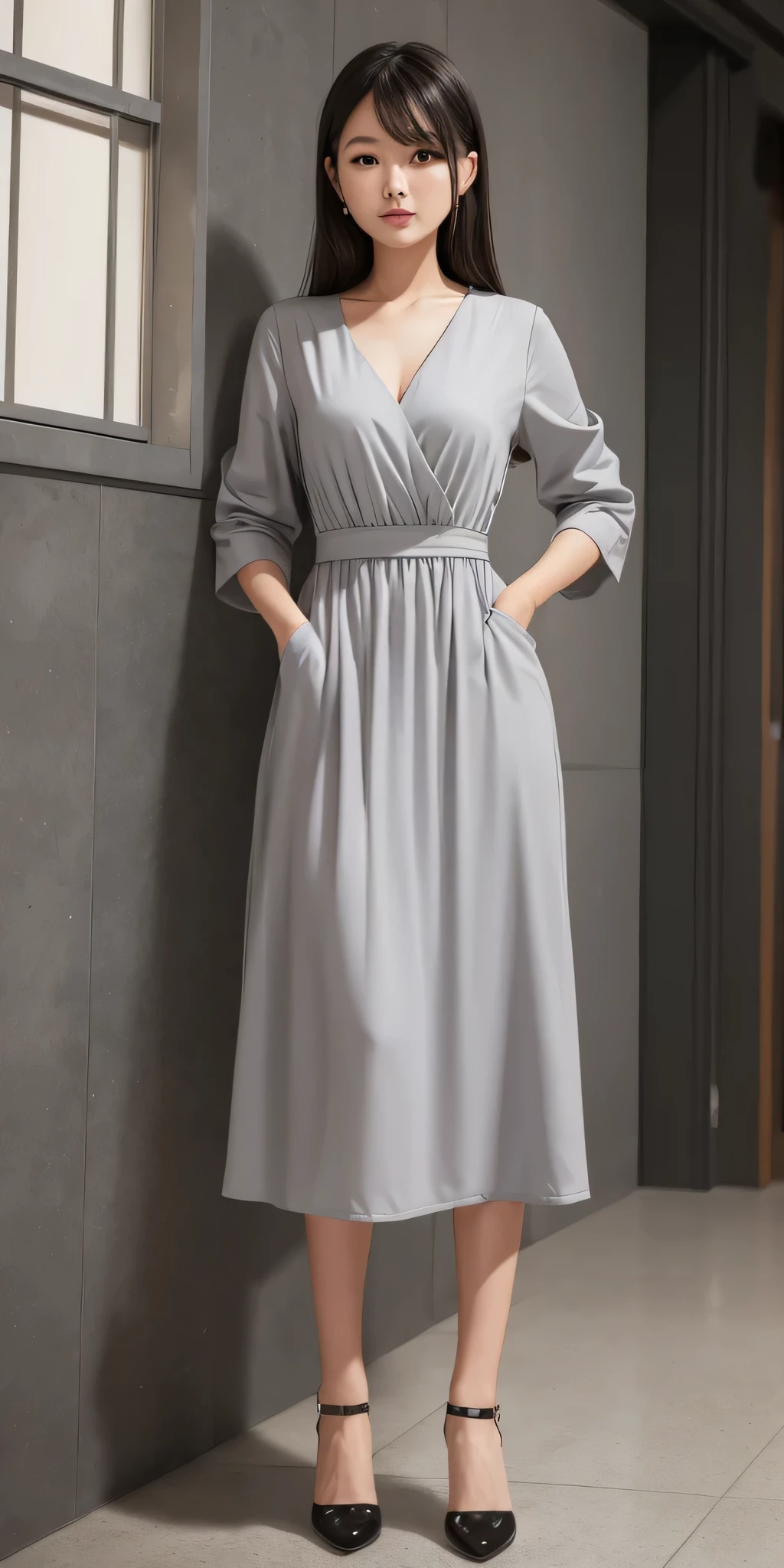 Grey dress, one person's, Brown Hair, Hair on the neck, ponytail, Grin, blush, Surrealism, Hyperrealism, Verism, Wide Shot, UHigh resolution, masterpiece, Accurate, Anatomically correct, Textured skin, Super Detail, Attention to detail, high quality, High resolution, 1080P, High resolution, 8k
