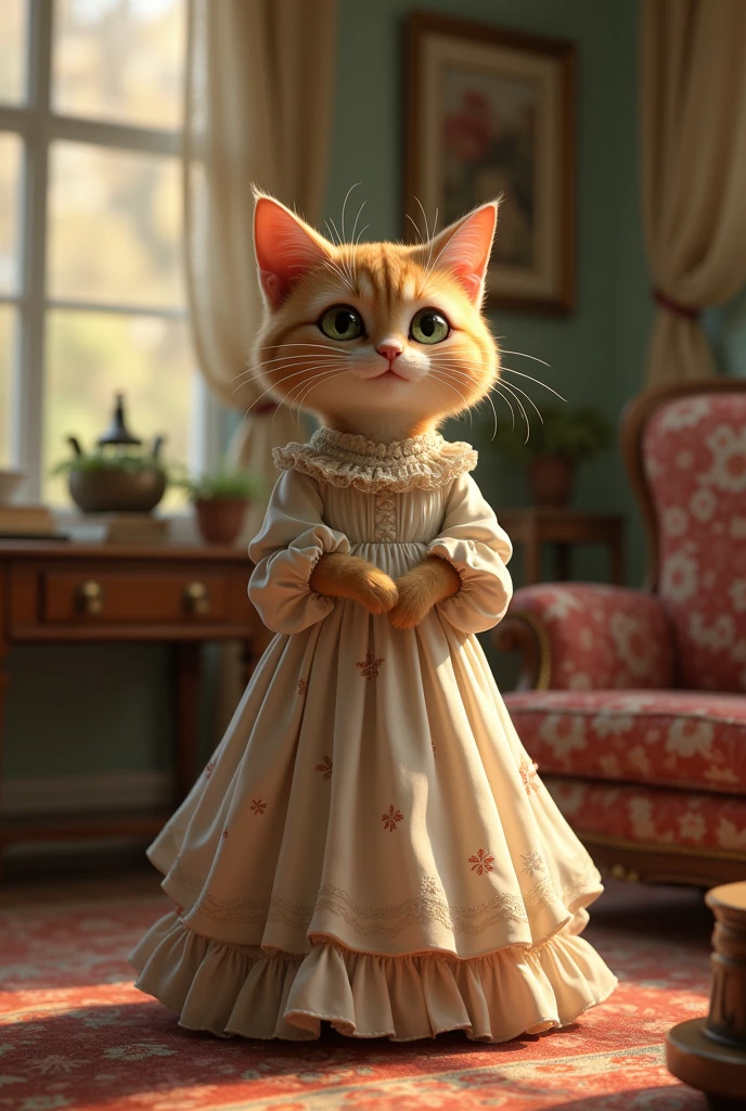 There is a house inside which there is full furniture. The house is very beautiful. There is a cat who is a housewife. She is wearing beautiful western dress like women but she is a cat. The cat is very happy. She is happy with both her hands in front of her.