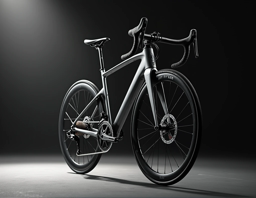 Sports bicycle: As a sports photographer, create an image of a bicycle seen from the front, from a low angle view. The artistic style is hyper-realistic, with a close-up composition. Use studio lighting for illumination. The color palette should be monochromatic. The photographic style should be cinematic with everything in focus. Apply high contrast in post-processing. The overall atmosphere should be dramatic. Make sure the image is extremely detailed and high quality (equivalent to ultra-detailed), reflecting the experience of a professional sports photographer. Emphasize the following aspects: - Realistic textures and fine details - Accurate lighting and natural shadows - Balanced and appealing composition - Depth and dimensionality in the image - Vivid and accurate colors (unless otherwise specified) - Sharp focus on the main elements according to the selected focus style The image should convey a sense of professionalism and technical mastery, as if it had been captured by an expert photographer and processed by a highly skilled image editor. Ensure that the quality and level of detail are exceptional, taking full advantage of the ability to generate very high-resolution images.