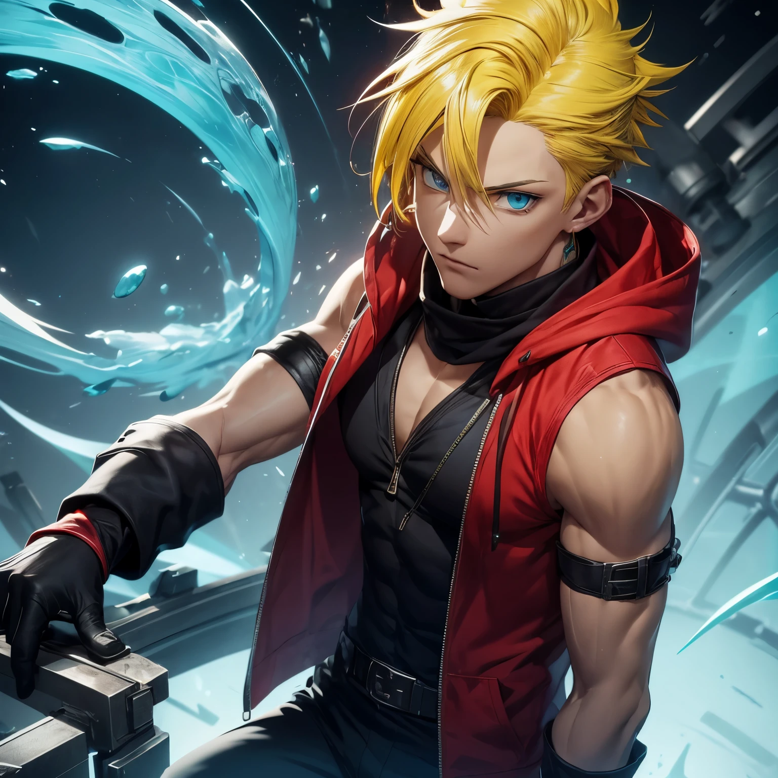 ((Scientist)), ((male with Yellow hair, Aqua Blue eyes)), red scarf, red hoodie vest, sleeveless, black pants, black gloves, slim, up to legs, intimidating aura