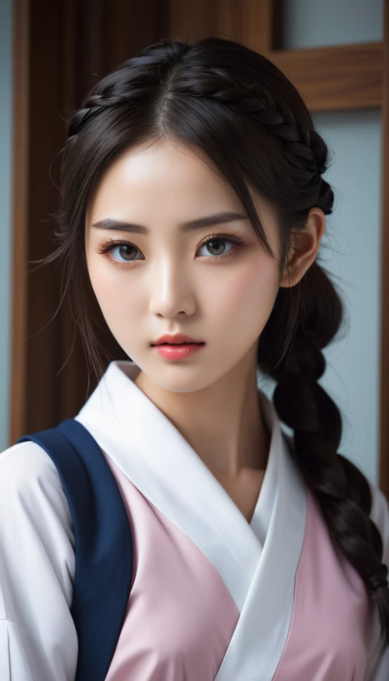 8k, Ultra-high resolution, Highest quality, masterpiece, 三分割法によるphotograph,Surreal, photograph,One Woman, (:1.3), cute, cute顔, 細部までBeautiful Eyes, 細かくdetailedに,masterpiece,One Girl:1.2,Japanese women,kindergarten,close up,glaring,Black hair,braid,(twin braids:1.0),ID photo,(kindergarten uniforms:1.3),Eccentric,Future City,white collar,((Fusion of humans and androids)),(Beautiful attention to detail),Subtle details, detailedな顔,anger,Attractive eyes,(ポートレートphotograph:1.4),(Photorealistic images:1.4),Fantasy art,(Beautiful Face:1.4),美しくAttractive eyes、Beautiful Eyes,Silver residue,(Tight waist:1.4)、(Beautiful with perfect body proportions:1.4),Pink Lips,profile,(((Ideal body type))),A-cup small breasts :2,、Portraiture:2、Perfect Anatomy、鮮明なdetailed、detailed,Fashion magazine cover,Thin lips,完璧でBeautiful Face ,完璧でcute顔, Skin with attention to detail, Perfect limbs、Narrow waist,Surreal,Light and shadow,spotlight