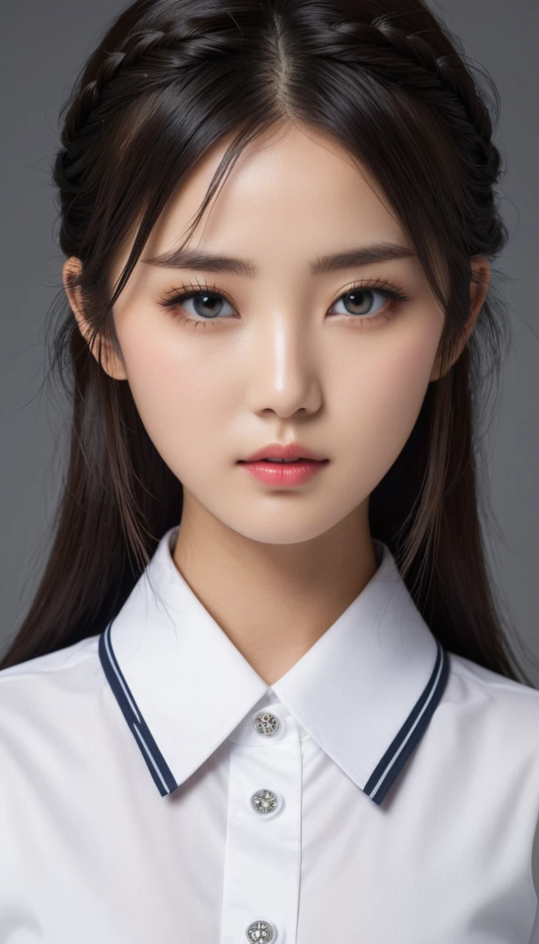8k, Ultra-high resolution, Highest quality, masterpiece, 三分割法によるphotograph,Surreal, photograph,One Woman, (:1.3), cute, cute顔, 細部までBeautiful Eyes, 細かくdetailedに,masterpiece,One Girl:1.2,Japanese women,kindergarten,close up,glaring,Black hair,braid,(twin braids:1.0),ID photo,(kindergarten uniforms:1.3),Eccentric,Future City,white collar,((Fusion of humans and androids)),(Beautiful attention to detail),Subtle details, detailedな顔,anger,Attractive eyes,(ポートレートphotograph:1.4),(Photorealistic images:1.4),Fantasy art,(Beautiful Face:1.4),美しくAttractive eyes、Beautiful Eyes,Silver residue,(Tight waist:1.4)、(Beautiful with perfect body proportions:1.4),Pink Lips,profile,(((Ideal body type))),A-cup small breasts :2,、Portraiture:2、Perfect Anatomy、鮮明なdetailed、detailed,Fashion magazine cover,Thin lips,完璧でBeautiful Face ,完璧でcute顔, Skin with attention to detail, Perfect limbs、Narrow waist,Surreal,Light and shadow,spotlight