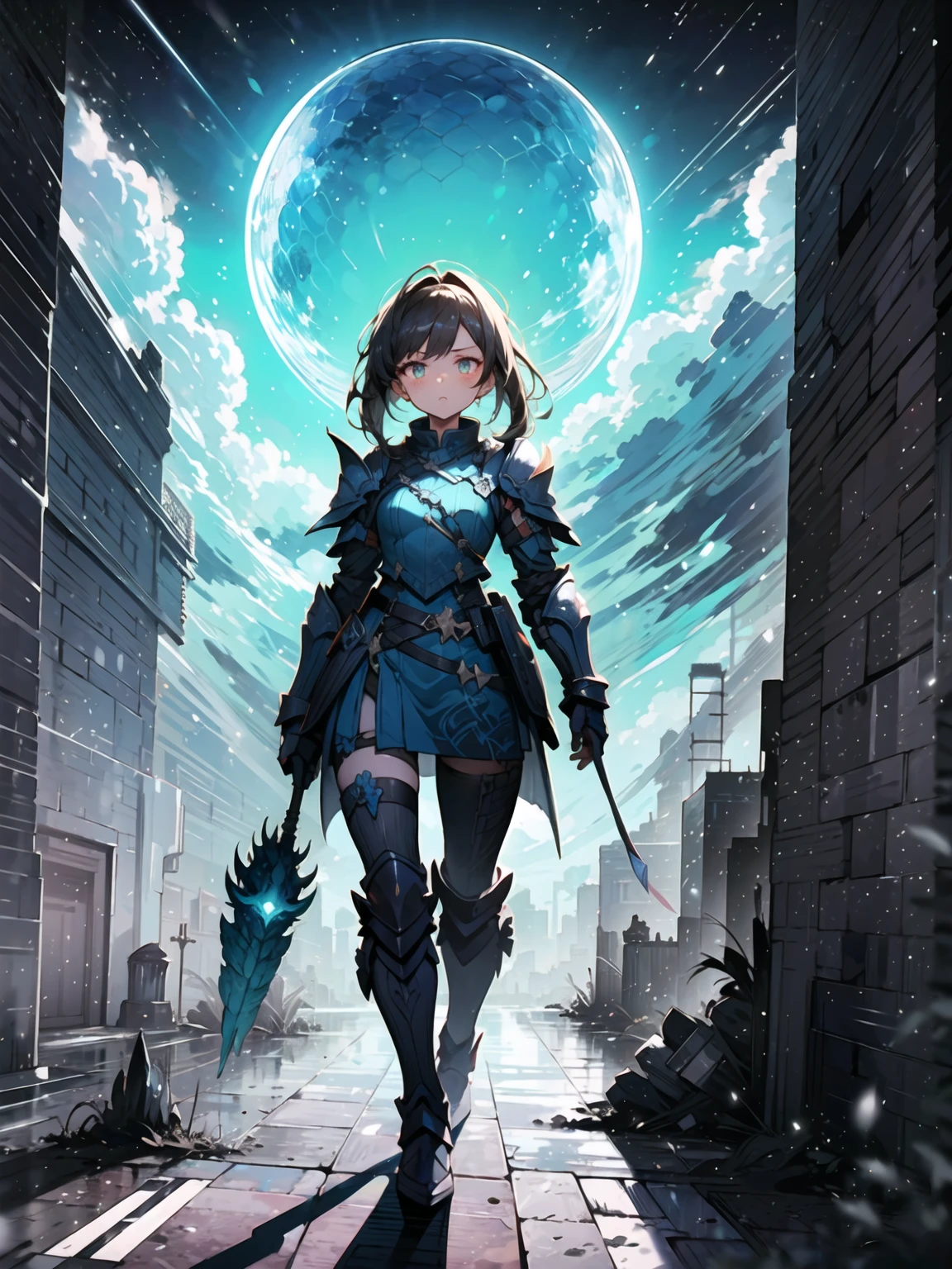 (((masterpiece, best quality, 8k))), female warrior, (full-body), obsidian dragon armor, ethereal glow, long flowing black hair, strands adorned with silver beads, piercing golden eyes, determined expression, standing atop a shattered battlefield, flames and shadows swirling around her, dragons circling in the stormy night sky, ancient ruins in the background, radiating power, (dramatic lighting, dynamic shadows)