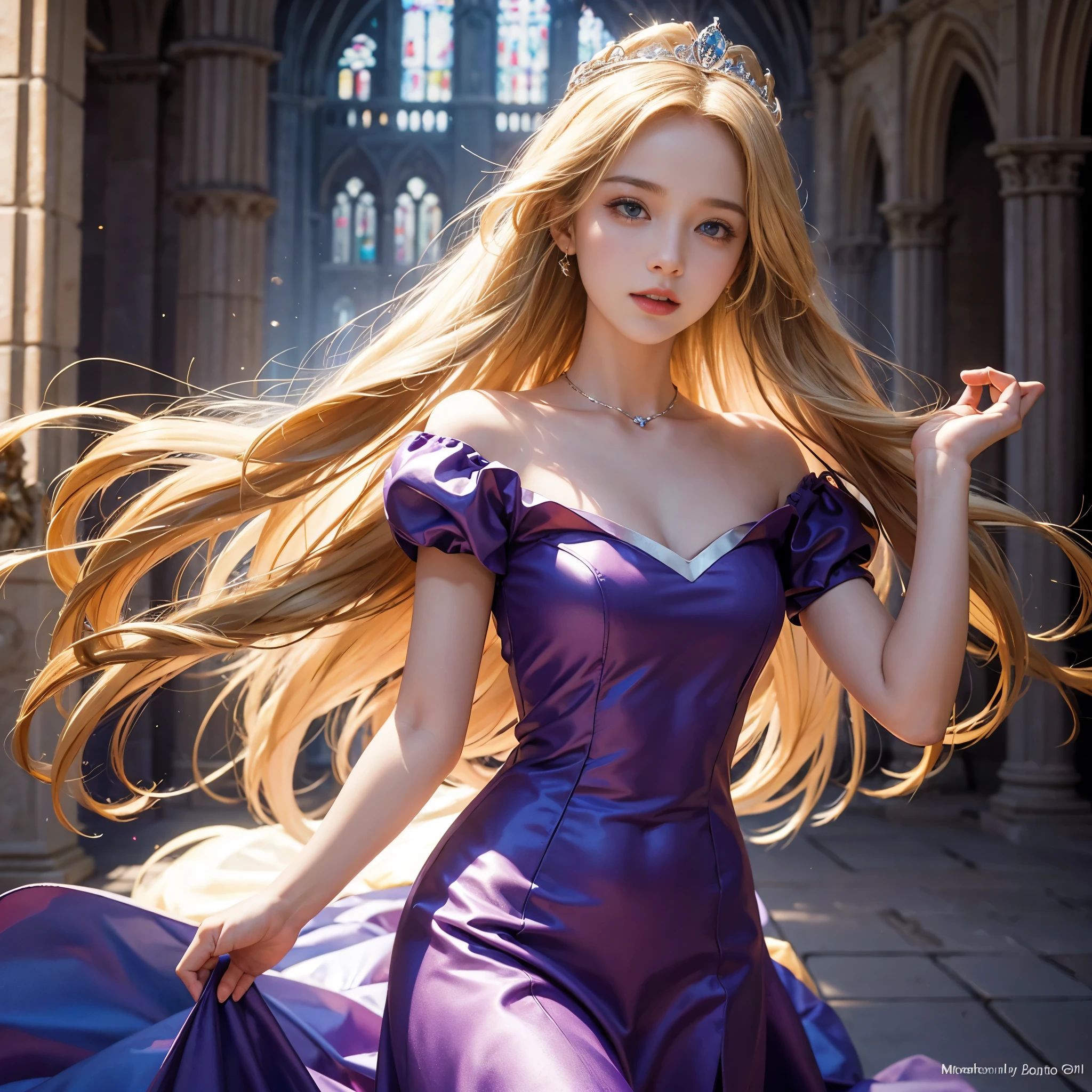 best quality, masterpiece, 1 girl, A huge laugh, cute teen, long blonde hair, shiny lips, sweet, sun glare, Conservative attire, Disney Princess Rapunzel, Purple dress, Bridal Tiara, depth of field, blurred background, Cathedral Background, light particles, strong wind, head tilt