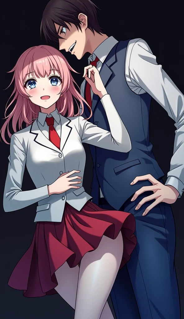 (32K:1.9, Realistic:1.9, Highest quality, masterpiece, Ultra-high resolution), Perfect dynamic composition, Highly detailed skin and facial textures:1.3, Detailed eyes, Detailed limbs, (Cute sexy slim Japanese schoolgirl, Tall and slim Japanese high school boy), Fair skin, ((Clarity:1.1)), (The boy is wearing a costume of Douma from Demon Slayer.:1.3, The girls wear a uniform of a blazer with a red tie..3),  (A high school boy is grabbing a high school girl&#39;s chin:1.0), (Cunning Smile:0.9, Totally captivates you:0.9), (beautiful Blue Eyes, beautiful, Clear Eyes:0.8), Sexy Face:0.4, blush:1.1, (beautifulエロティシズムを醸し出す雰囲気:0.8), Professional random camera work, Cinematic Lighting Effects, ((Full Body Shot)), ((Too erotic:0.9)) , romantic, mysterious, Object of admiration, original, dramatic, artistic, Innovative, charm, Heartful, Fancy, Tilt, sense of loss, special, exciting, Extreme, sense of openness, joy, joyの表現, ((若さのcharm, 女性的なcharm))