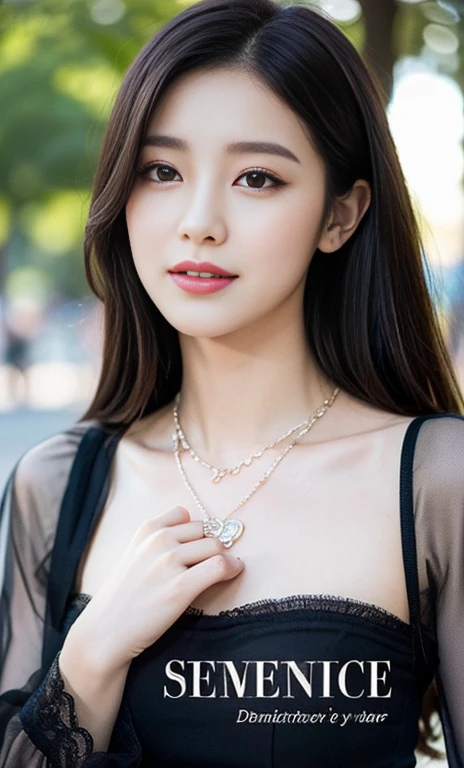 The image is a black and white text that appears to be a description of a necklace. The text is written in a cursive style and is accompanied by a picture of a necklace. The necklace is described as having a "sweetheart" shape, and the text goes on to describe the various details of the necklace, including the lace and the tulle-like fabric. The text also describes the person wearing the necklace, stating that they are also wearing a "delicate" necklace with a "symmetrical" design. The text concludes by suggesting that the background of the image is outdoors, with bare trees.