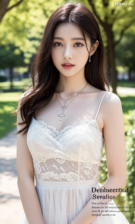 The image is a black and white text that appears to be a description of a necklace. The text is written in a cursive style and is accompanied by a picture of a necklace. The necklace is described as having a "sweetheart" shape, and the text goes on to describe the various details of the necklace, including the lace and the tulle-like fabric. The text also describes the person wearing the necklace, stating that they are also wearing a "delicate" necklace with a "symmetrical" design. The text concludes by suggesting that the background of the image is outdoors, with bare trees.