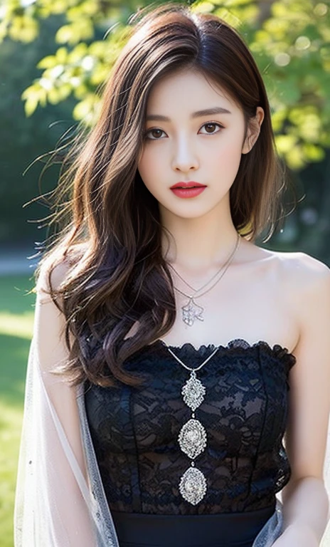 The image is a black and white text that appears to be a description of a necklace. The text is written in a cursive style and is accompanied by a picture of a necklace. The necklace is described as having a "sweetheart" shape, and the text goes on to describe the various details of the necklace, including the lace and the tulle-like fabric. The text also describes the person wearing the necklace, stating that they are also wearing a "delicate" necklace with a "symmetrical" design. The text concludes by suggesting that the background of the image is outdoors, with bare trees.