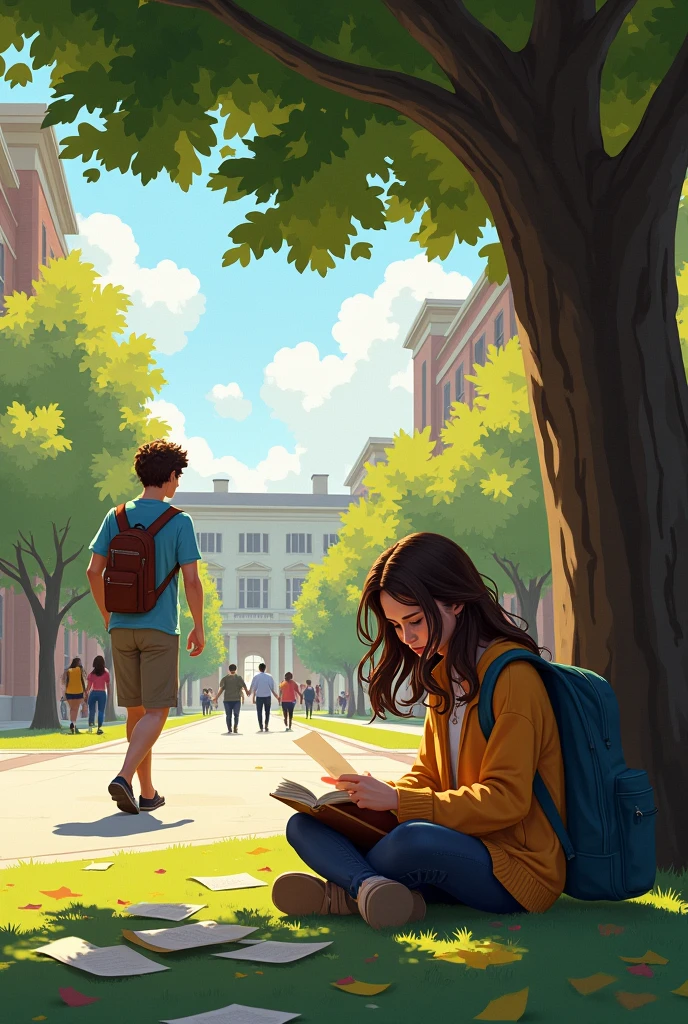 IN A COLLEGE CAMPUS * Ethan walks by, and a gust of wind blows Lily's papers from her book SHE WAS SITTING UNDER THE TREE AND READING BOOKS 
