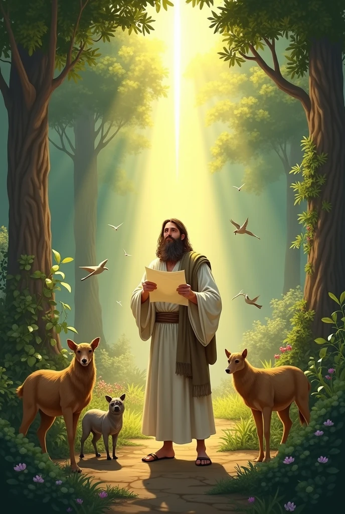 The scene begins with Noah in his garden, surrounded by trees and animals.
A bright ray of light descends from the sky, enlightening Noah.
Noah looks up, suprised, and hear the voice of God (a soft sound, but authoritarian).
Noah takes a piece of parchment and begins to draw the plans for the ark., with details of the wood and measurements.