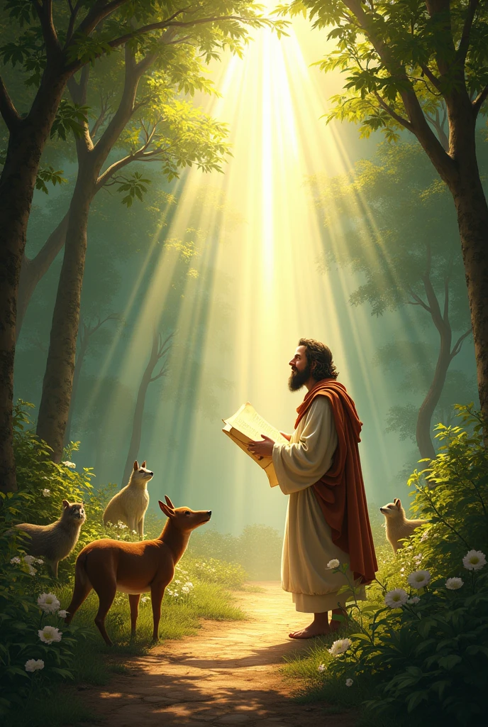 The scene begins with Noah in his garden, surrounded by trees and animals.
A bright ray of light descends from the sky, enlightening Noah.
Noah looks up, suprised, and hear the voice of God (a soft sound, but authoritarian).
Noah takes a piece of parchment and begins to draw the plans for the ark., with details of the wood and measurements.