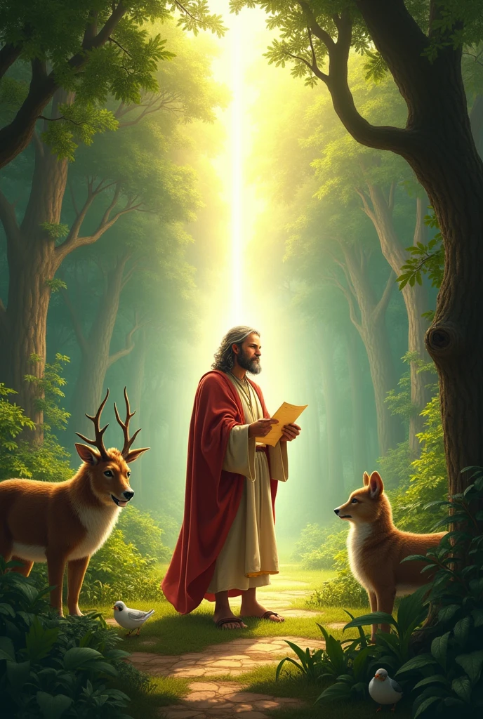 The scene begins with Noah in his garden, surrounded by trees and animals.
A bright ray of light descends from the sky, enlightening Noah.
Noah looks up, suprised, and hear the voice of God (a soft sound, but authoritarian).
Noah takes a piece of parchment and begins to draw the plans for the ark., with details of the wood and measurements.