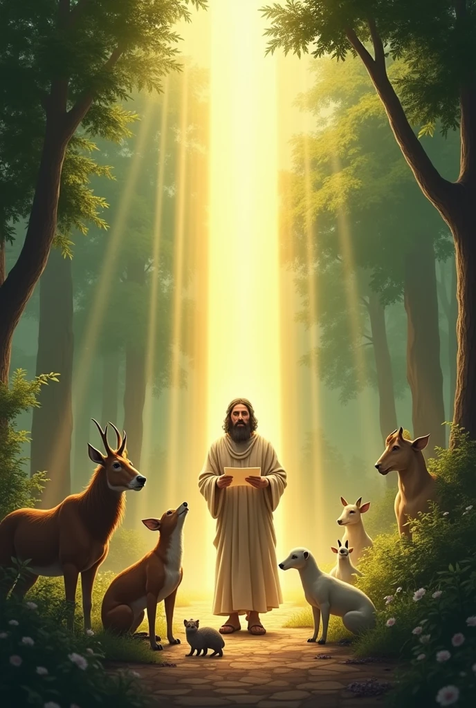 The scene begins with Noah in his garden, surrounded by trees and animals.
A bright ray of light descends from the sky, enlightening Noah.
Noah looks up, suprised, and hear the voice of God (a soft sound, but authoritarian).
Noah takes a piece of parchment and begins to draw the plans for the ark., with details of the wood and measurements.