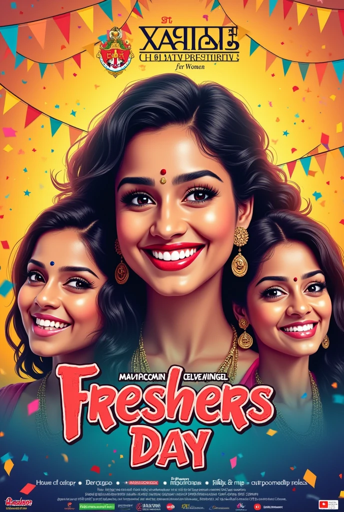 Create a poster heading should be st Xavier's college for womens freshers day with Malayalam comdey actress and actors