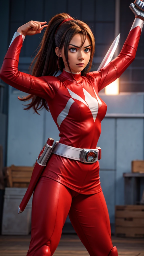 Red power rangers girl, fighting pose holding a sword