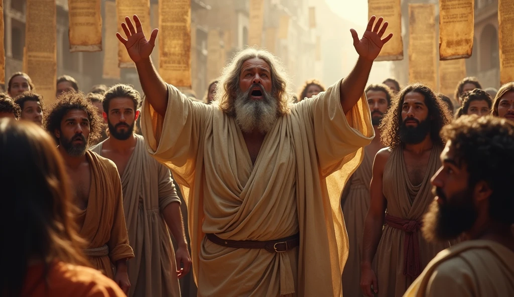 Jeremiah calls the Israelites to repentance, The cry of the prophet,Meetings with large numbers of people, papyrus,Weathered parchment,Old dresses,,Historical reference,High quality art and details,Realistic portrait style,Subtle color palette,vibrant background,natural textures,deep-shadows,subtle highlights,historical accuracy,meticulous attention to detail,Emotional depth and intensity,Authentic Representation,thought-provoking,spiritual atmosphere,A Sense of Ancient Wisdom,Deep Impact