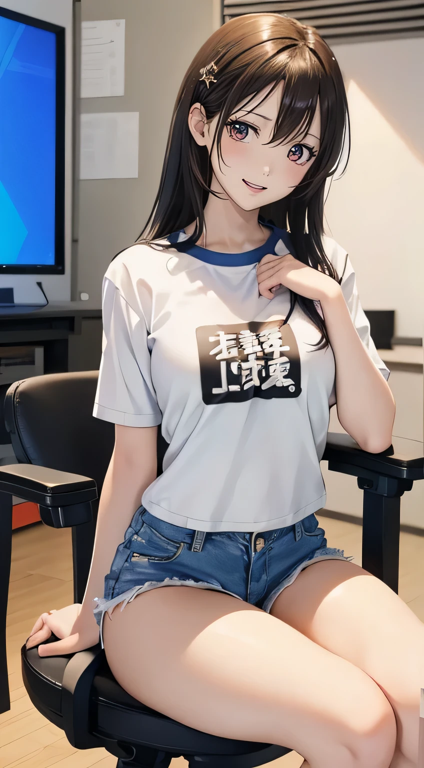 Young Japanese idol with long black hair, (Ample breasts). He is wearing a short-sleeved white T-shirt and denim shorts, Sitting on a chair in a TV studio. She is smiling warmly at the camera. Studio lighting can be seen in the background.