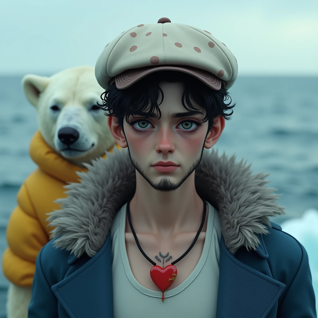 high resolution、８K、Delicate depiction、Realistic、Realistic、German、Young man、２４age、Are thin、Pale complexion、Black Hair、Natural curls、Short beard under the mouth、sideburns、Sharp Eye、Eyeliner、Dark circles under the eyes、bad mood、White newsboy cap with beige spots、White tank top、A blue coat with a feather collar、You can see a little bit of the burning heart tattoo on his chest.、Holding a Japanese sword、Bust Shot、On the Sea、Polar bear wearing a yellow jacket behind