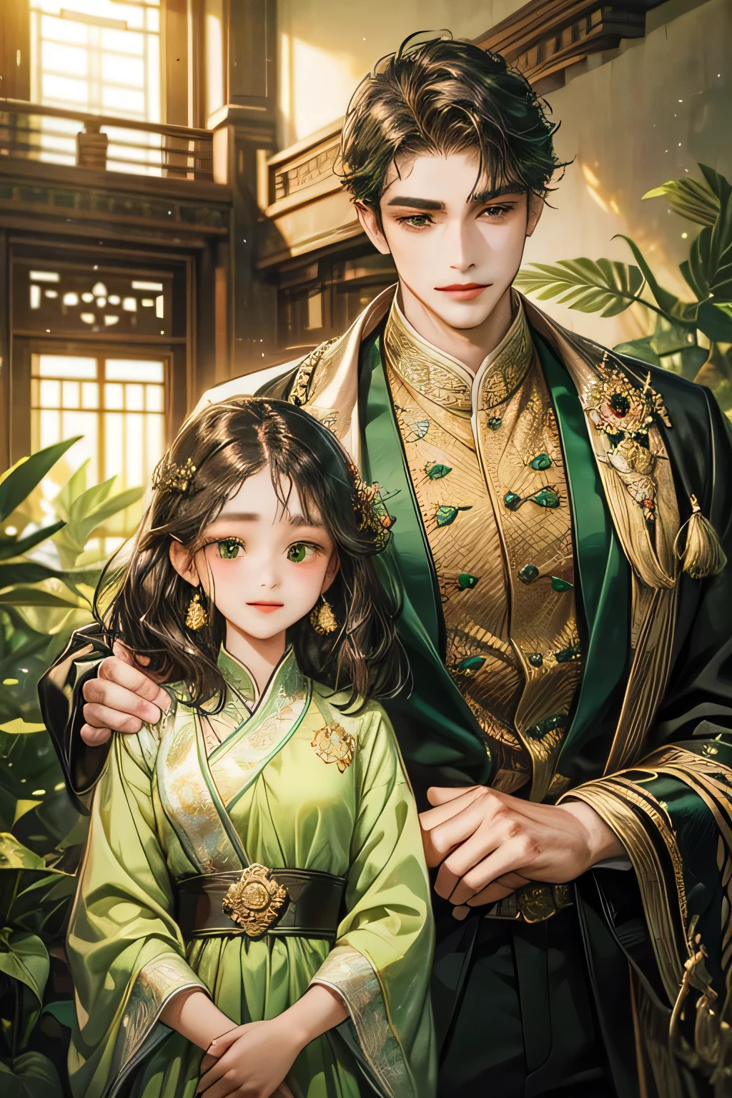 papa and his daughter, javanese style, brown attire, smile and charming, quiet but gentle, green attire suit, black eyes, green garden, farming, black wavy hair, kebaya, indonesia temple, javanese style,masterpiece, detailed eyes, detailed body, accurate