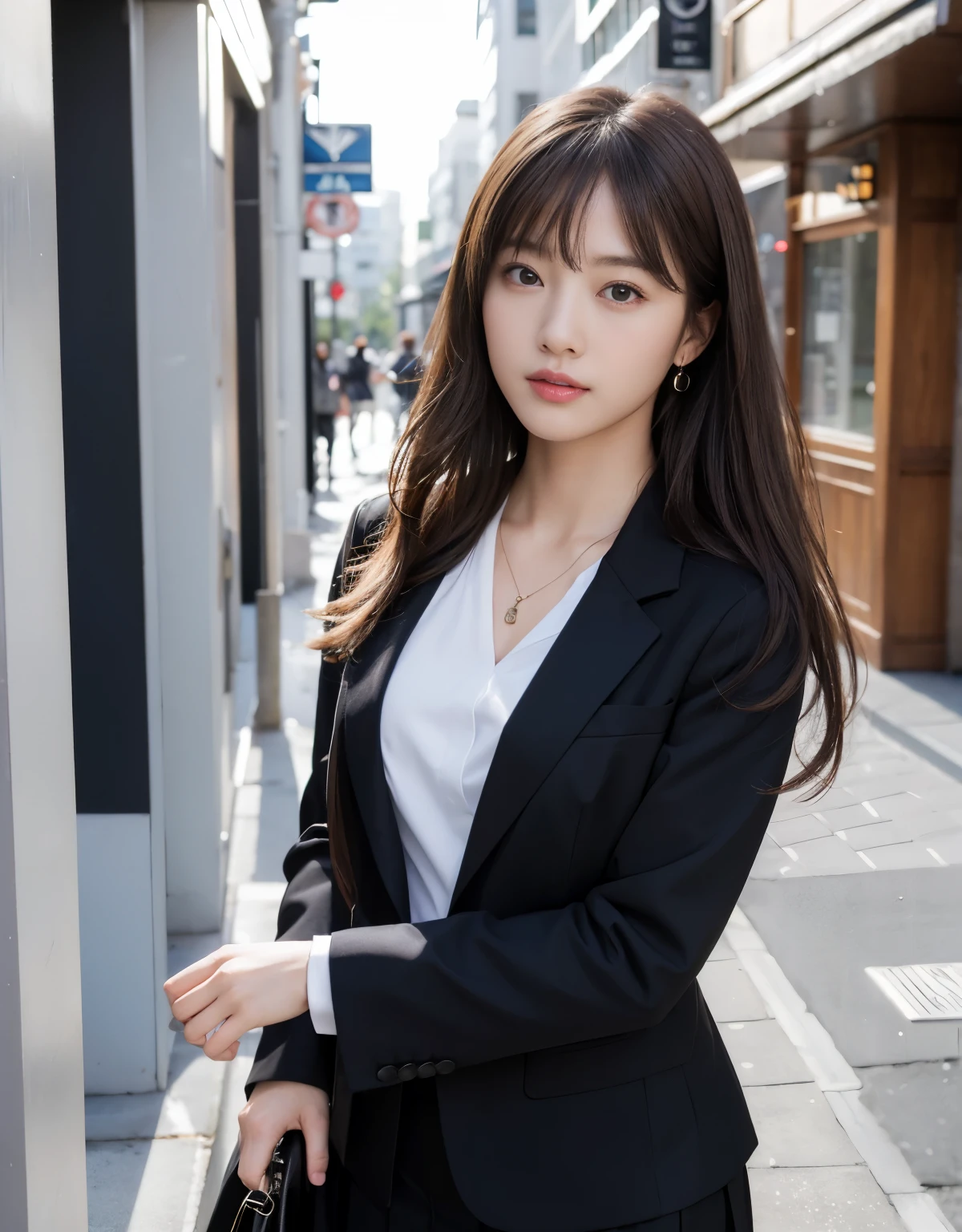 (masterpiece:1.3), (8k, Photorealistic, RAW Photos, Best image quality: 1.4), Japanese Idols、Super detailed face、Attention to detail、Genuine、 double eyelid、Big and attractive eyes, Sharp focus:1.2、Beautiful woman:1.5、Light brown hair、 Highest quality、masterpiece、Ultra-high resolution、Depth of written boundary、Perfect Shadow、(Photorealistic:1.4)、Highly detailed and professional lighting、Perfectly shaped、beautiful girl,Sharp focus, Perfect Anatomy, Business suit、Black jacket、Black Skirt、small diamond necklace、office Street、morning、