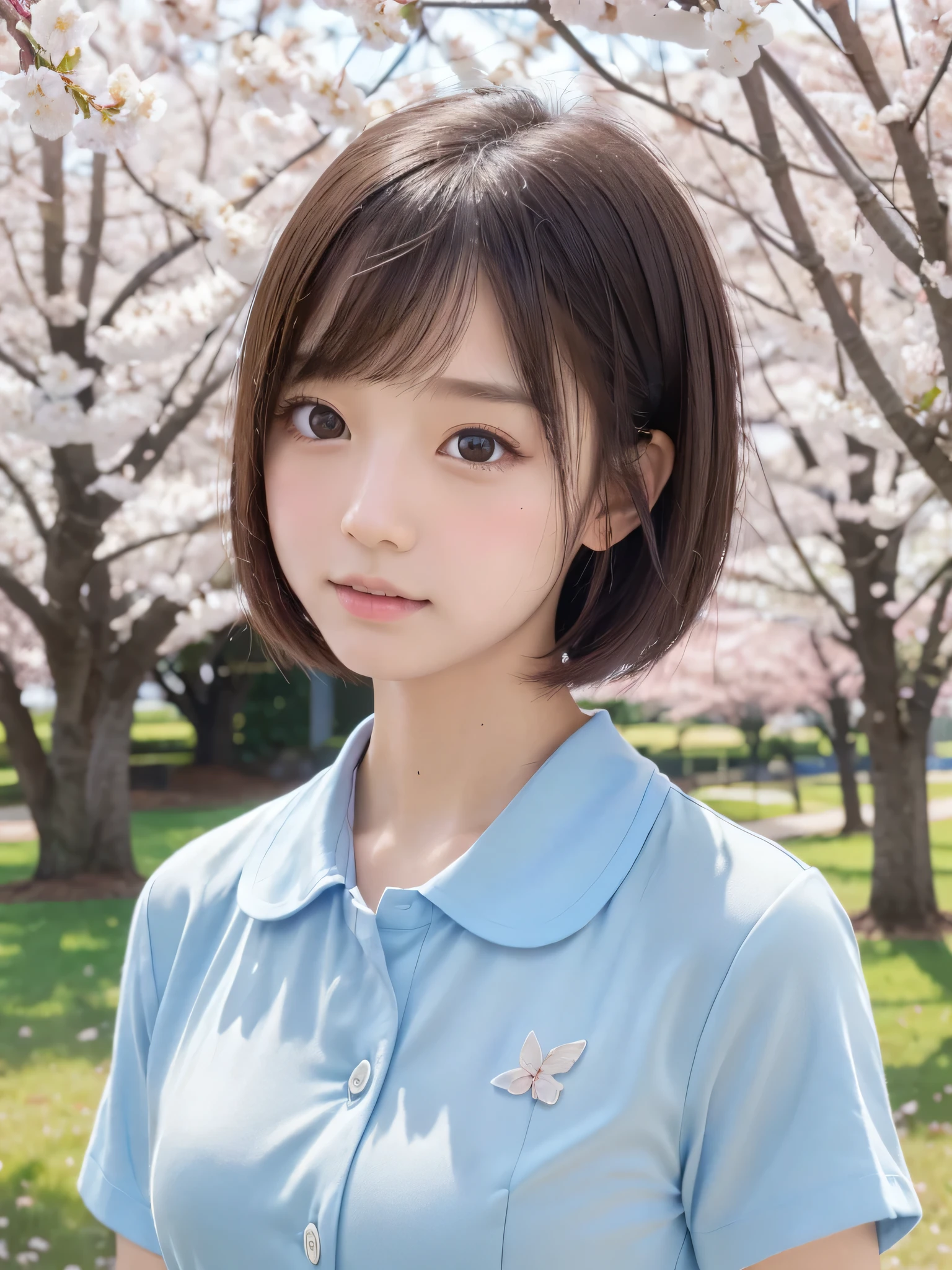 ((school uniform)),(Highest quality,8K quality,masterpiece:1.3),(Ultra-high resolution,Photorealistic:1.4,RAW Photos),(Very delicate,Caustics,Detailed Background),(Ultra-Realistic Capture,Fine and beautiful skin,Perfect Anatomy), (blue sky,At noon),School,School building,1,cute,single eyelid,Black short bob,Looking at the camera,Natural soft light,cherry blossoms