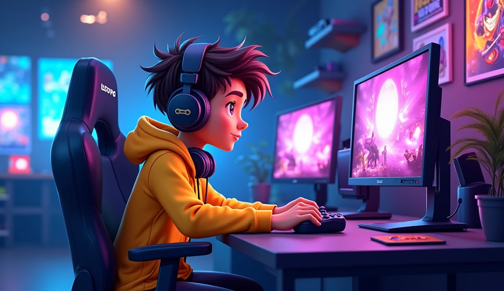 "A catoon who see in foont wearing a bright yellow hoodie is sitting at a modern gaming setup. He’s at a sleek black desk with multiple monitors displaying vibrant game screens. The background features a high-tech gaming studio with neon lights, posters of popular games, and shelves filled with gaming gear and collectibles. The boy's face shows concentration and excitement as he’s deeply engaged in a game, with a headset resting around his neck and a controller in his hands. The entire scene is bathed in a cool blue and purple light, creating an immersive gaming atmosphere."