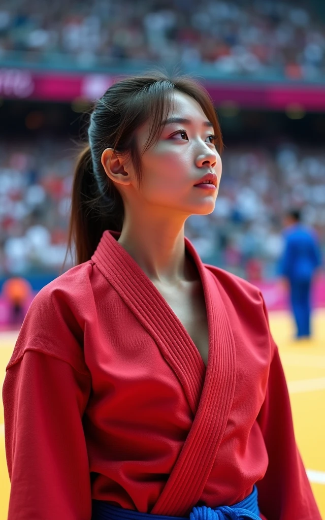 Ultra-high resolution,Women's judo at the Olympics,Red and blue judo uniforms,(1 Korean beauty,Super beautiful,Super fair skin)full-body shot,Panoramic vistas,Wide-angle lens,Olympic Judo,Olympic competition background,The Red Team and the Blue Team compete on the same stage,Intense stimulation,be booked up,The venue was full of audience,enthusiasm,