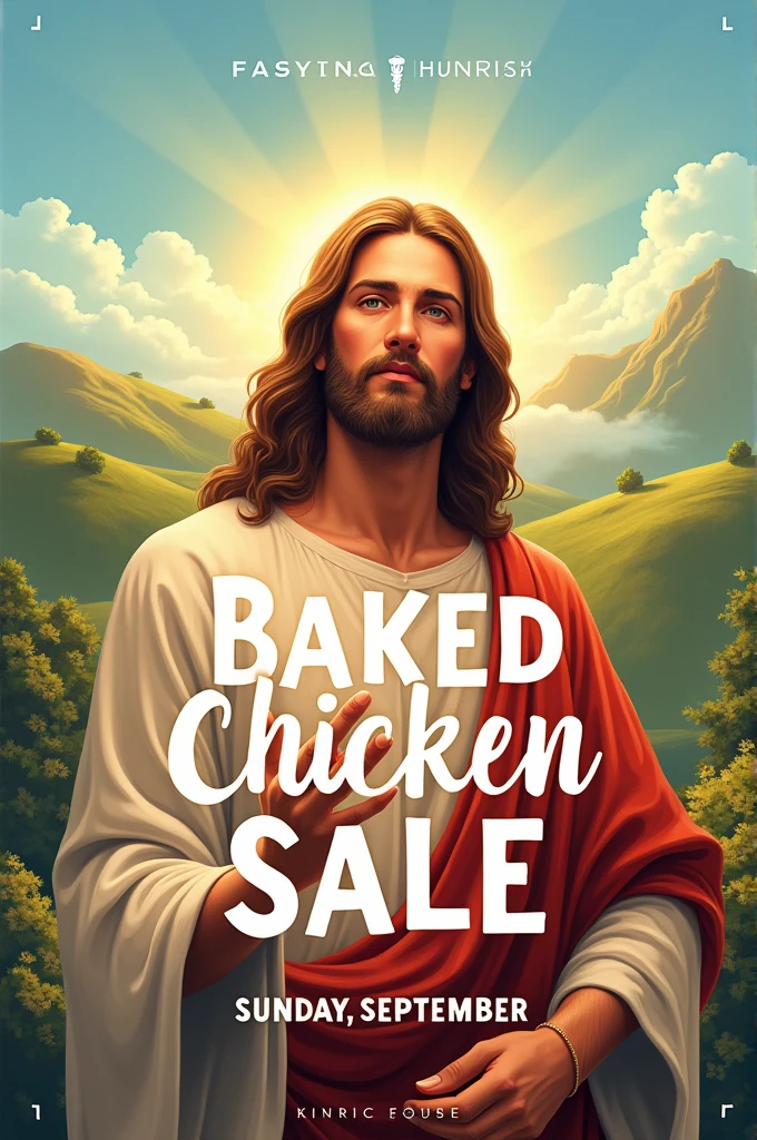 Create a poster to sell baked chicken to Adventist Church adventurers with Jesus on Sunday, September 1 