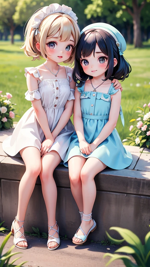 ((petite cute)), ((2girls for kiss)), ((cute face)), ((puffy eyes)), ((masterpiece)), ((best quality)), ((ultra detailed)), ((exquisite)), ((depth)), ((crisp)), ((8k)), ((beautiful and aesthetic)), ((super detailed skin)), ((high standard)), ((highres)), (perfect anatomy), (blush), (lipstick), (full body), (nostalgic scenery), (countryside, summer memory), (emotional), (strap less), (to take a pose, kawaii), (barefoot), (girl sitting)