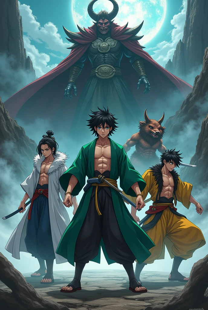 Create Demon slayer anime characters 4k immage. The character is tanjiro, zanesty, inoska and muzan immage with cool outfits 