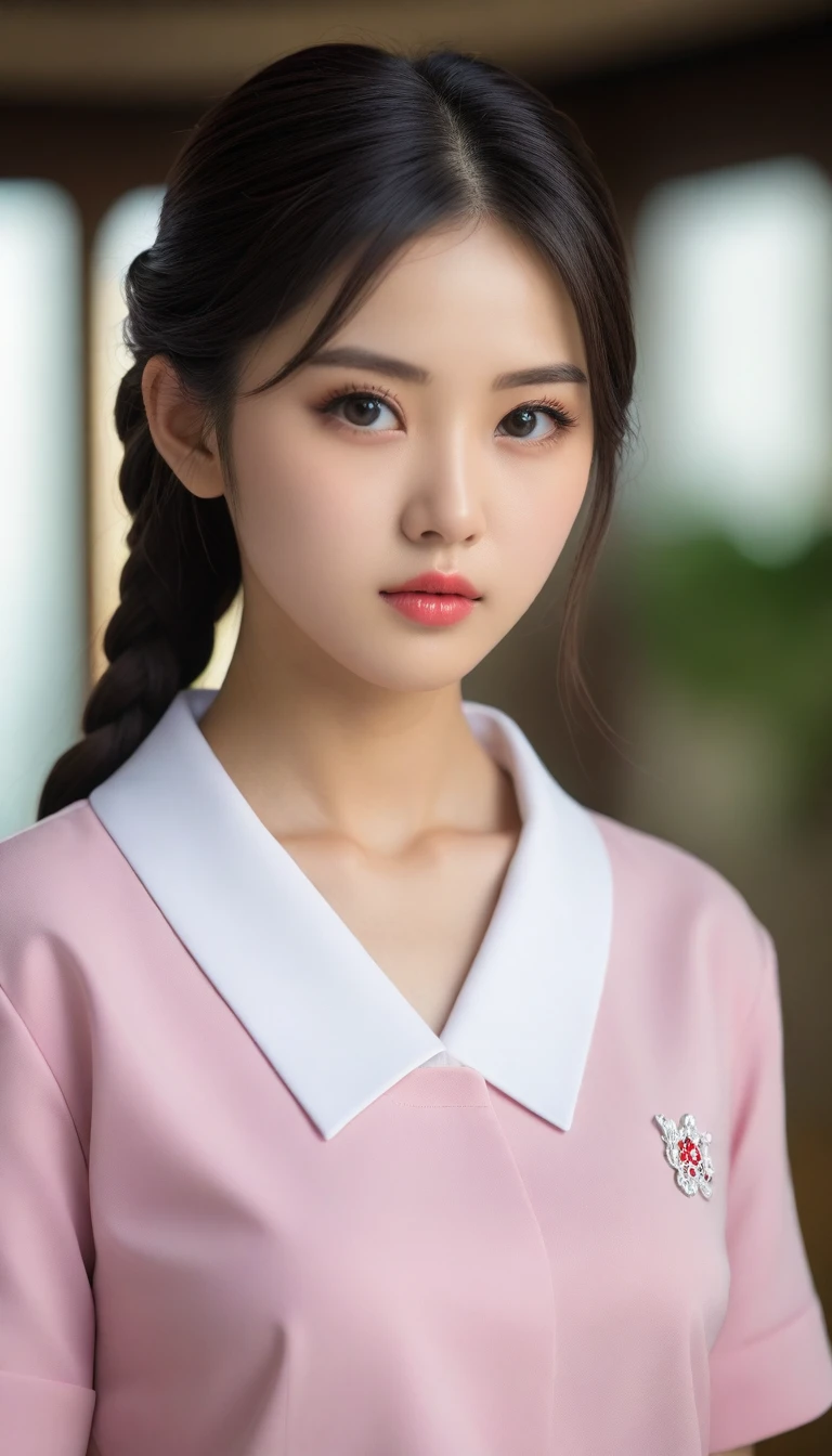 8k, Ultra-high resolution, Highest quality, masterpiece, 三分割法によるphotograph,Surreal, photograph,One Woman, (:1.3), cute, cute顔, 細部までBeautiful Eyes, 細かくdetailedに,masterpiece,One Girl:1.2,Japanese women,kindergarten,close up,glaring,Black hair,braid,(twin braids:1.0),ID photo,(kindergarten uniforms:1.3),Eccentric,Future City,white collar,((Fusion of humans and androids)),(Beautiful attention to detail),Subtle details, detailedな顔,anger,Attractive eyes,(ポートレートphotograph:1.4),(Photorealistic images:1.4),Fantasy art,(Beautiful Face:1.4),美しくAttractive eyes、Beautiful Eyes,Silver residue,(Tight waist:1.4)、(Beautiful with perfect body proportions:1.4),Pink Lips,profile,(((Ideal body type))),A-cup small breasts :2,、Portraiture:2、Perfect Anatomy、鮮明なdetailed、detailed,Fashion magazine cover,Thin lips,完璧でBeautiful Face ,完璧でcute顔, Skin with attention to detail, Perfect limbs、Narrow waist,Surreal,Light and shadow,spotlight