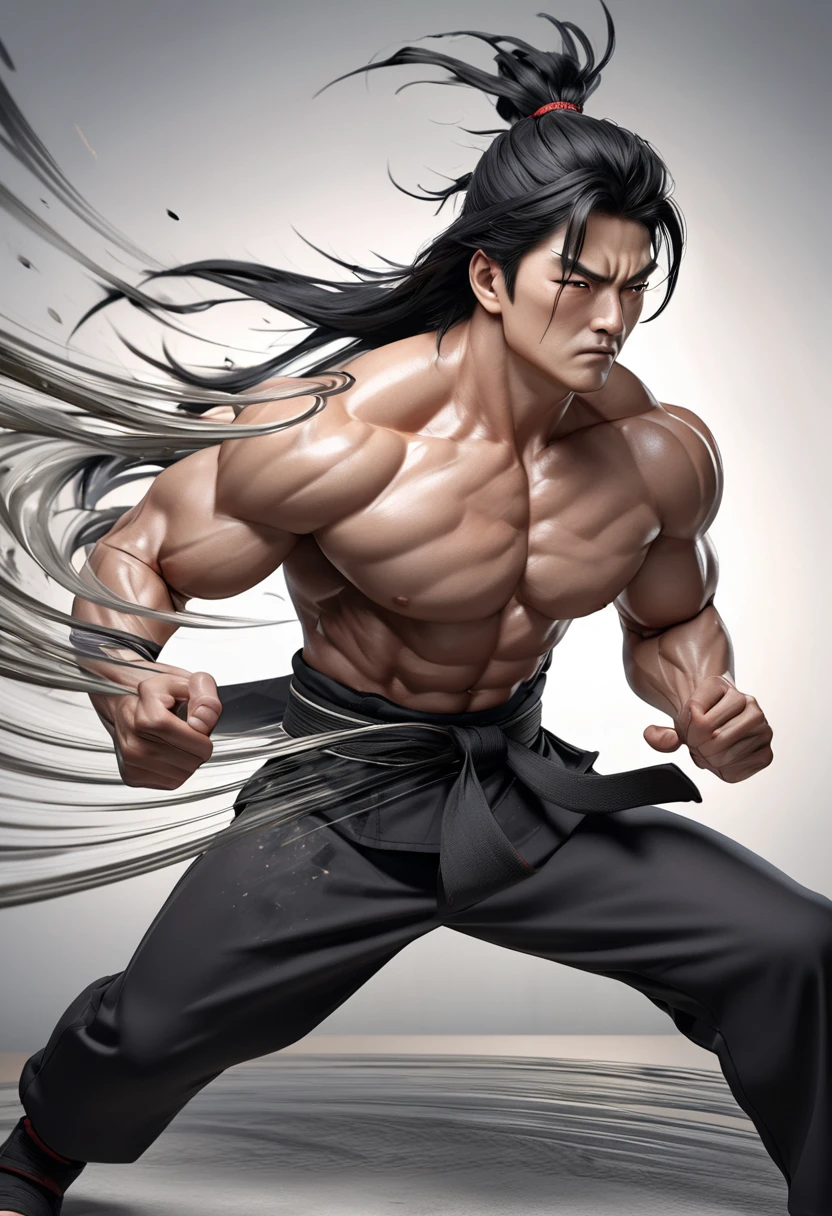 a realistic 3D muscular man doing dynamic movements. The face of the long black-haired figure looks gloomy and calm with a blank look in his eyes, and his body is depicted with dynamic flowing lines, depicting the movements and strength of the drunken god martial arts" photography professional