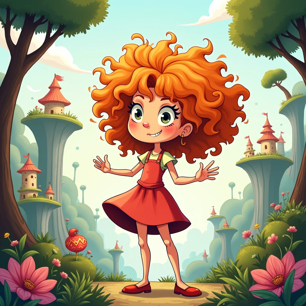 Two-dimensional cartoon design of an 1 girl with very curly orange hair in a fantasy world 