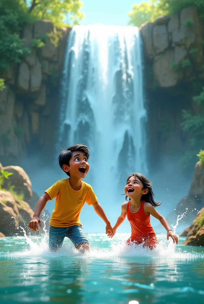 Describe image 3d "Two friends, Amit(boy) and rajesh, enjoying a beautiful waterfall. Amit is excited and laughing, while Priya is playfully splashing water. The scene includes a lush green landscape, a powerful waterfall, and the mist created by the falling water. Amit is wearing casual summer clothes, and Priya is in a playful pose, both clearly enjoying the moment."