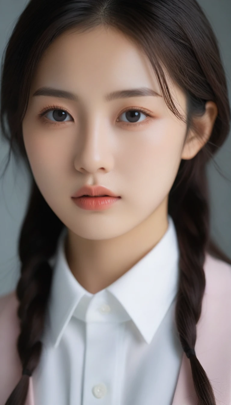 8k, Ultra-high resolution, Highest quality, masterpiece, 三分割法によるphotograph,Surreal, photograph,One Woman, (:1.3), cute, cute顔, 細部までBeautiful Eyes, 細かくdetailedに,masterpiece,One Girl:1.2,Japanese women,kindergarten,close up,glaring,Black hair,braid,(twin braids:1.0),ID photo,(kindergarten uniforms:1.3),Eccentric,Future City,white collar,((Fusion of humans and androids)),(Beautiful attention to detail),Subtle details, detailedな顔,anger,Attractive eyes,(ポートレートphotograph:1.4),(Photorealistic images:1.4),Fantasy art,(Beautiful Face:1.4),美しくAttractive eyes、Beautiful Eyes,Silver residue,(Tight waist:1.4)、(Beautiful with perfect body proportions:1.4),Pink Lips,profile,(((Ideal body type))),A-cup small breasts :2,、Portraiture:2、Perfect Anatomy、鮮明なdetailed、detailed,Fashion magazine cover,Thin lips,完璧でBeautiful Face ,完璧でcute顔, Skin with attention to detail, Perfect limbs、Narrow waist,Surreal,Light and shadow,spotlight