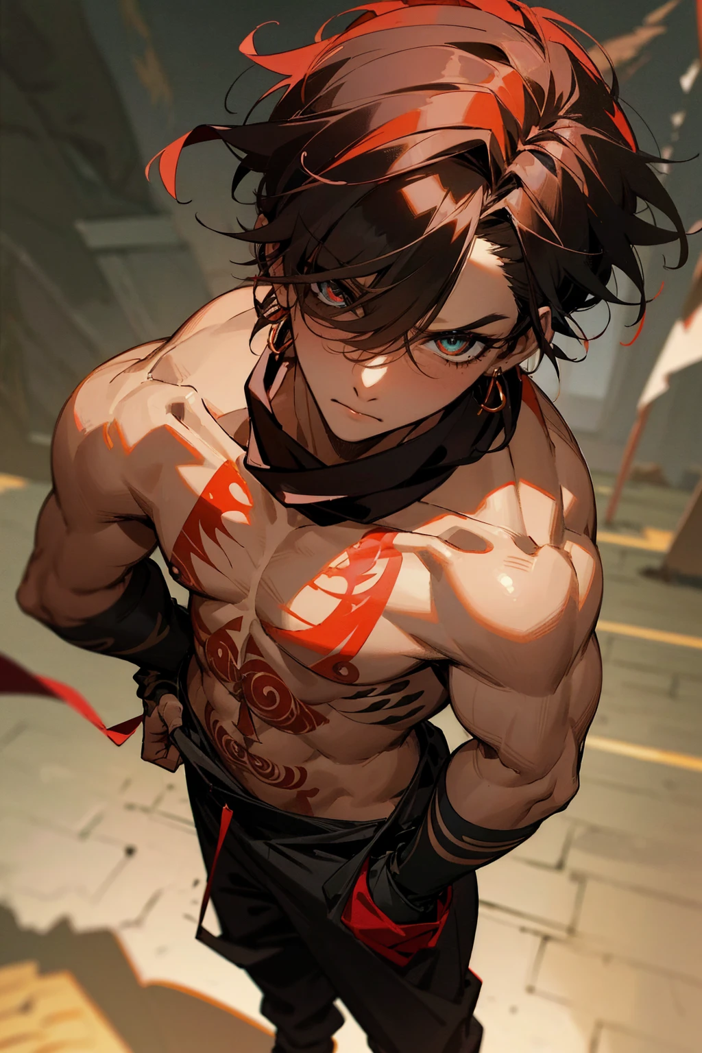 Masterpiece Quality, Perfect Generation, Sclera, Detailed Eyes, Skin, Black Spiky Hair, Muscular, Street Clothing, Random Expression, , Dark Street Background, Full Body, Tanned Skin, , Red Earrings, , , , Clothed, Hair Tie, Male, Gangbanger, durag, red, bandana, tall, Smiling, Atanding, Tattoos, Third eye tattoo, blindfold, strong, Hands In Pocket