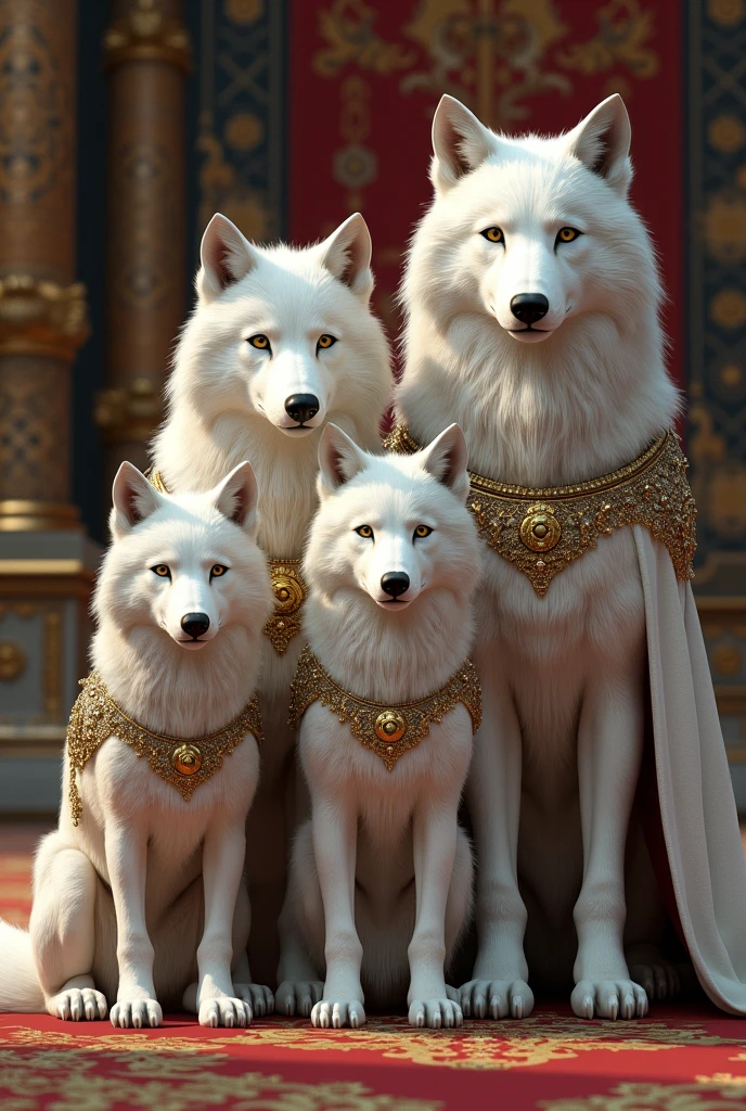 Royal 4 member family of white wolves (mom dad 2 sons) with royal costume in palace
