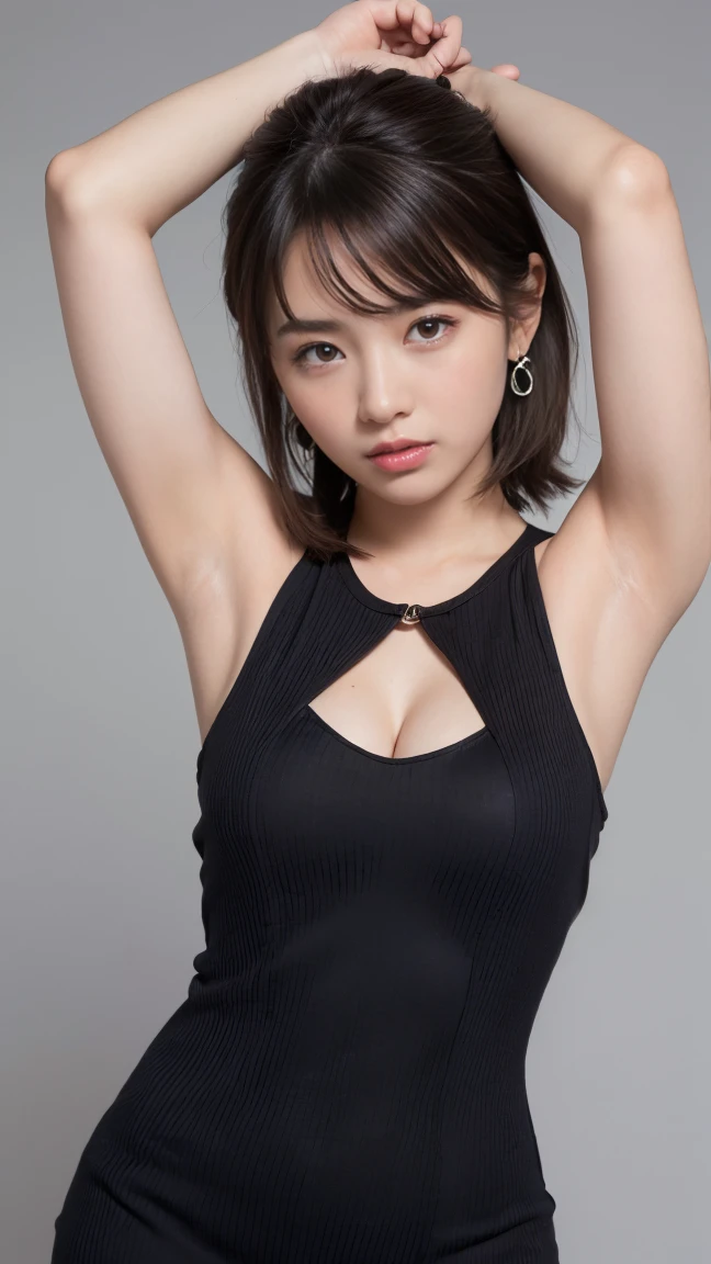 (Ultra HD、Ultra-high resolution、8k)、Attention in the armpits、(Extremely realistic skin texture:1.4)、(Realistic:1.3)、(smile:0.5)、(Brown Hair:1.4)、20-year-old female、Ponytail Hairstyles、(Raise one arm to reveal your armpit:1.3)、good、((sticks snugly to the body、tight black dress)),Cleavage、Wavy Hair, Earrings