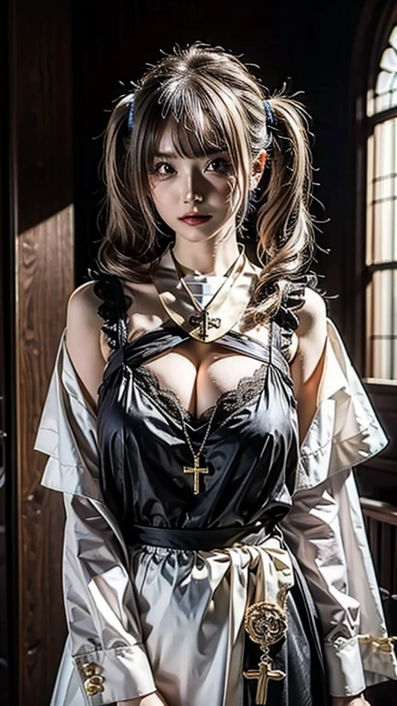 chest, huge, Twin tails, Silver Hair, priest, ~ side, saint, dirty