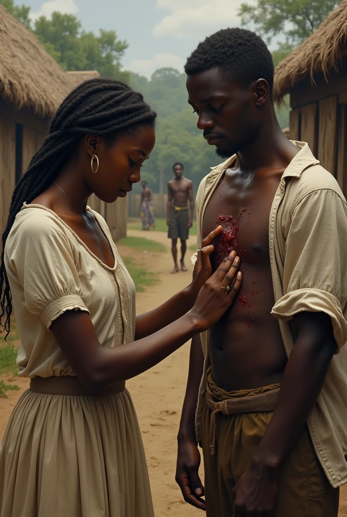 I need you to make me a picture of one (BLACK SLAVE)Young woman in 1490 examining a white man with wounds on his back
