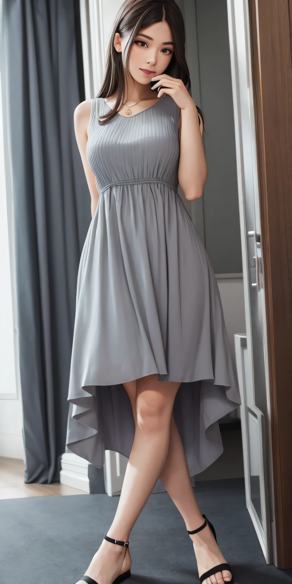 Grey dress, one person&#39;s, Brown Hair, Hair on the neck, ponytail, Grin, blush, Surrealism, Hyperrealism, Verism, Wide Shot, UHigh resolution, masterpiece,  Accurate, Anatomically correct, Textured skin, Super Detail, Attention to detail, high quality, High resolution, 1080P, High resolution, 8k