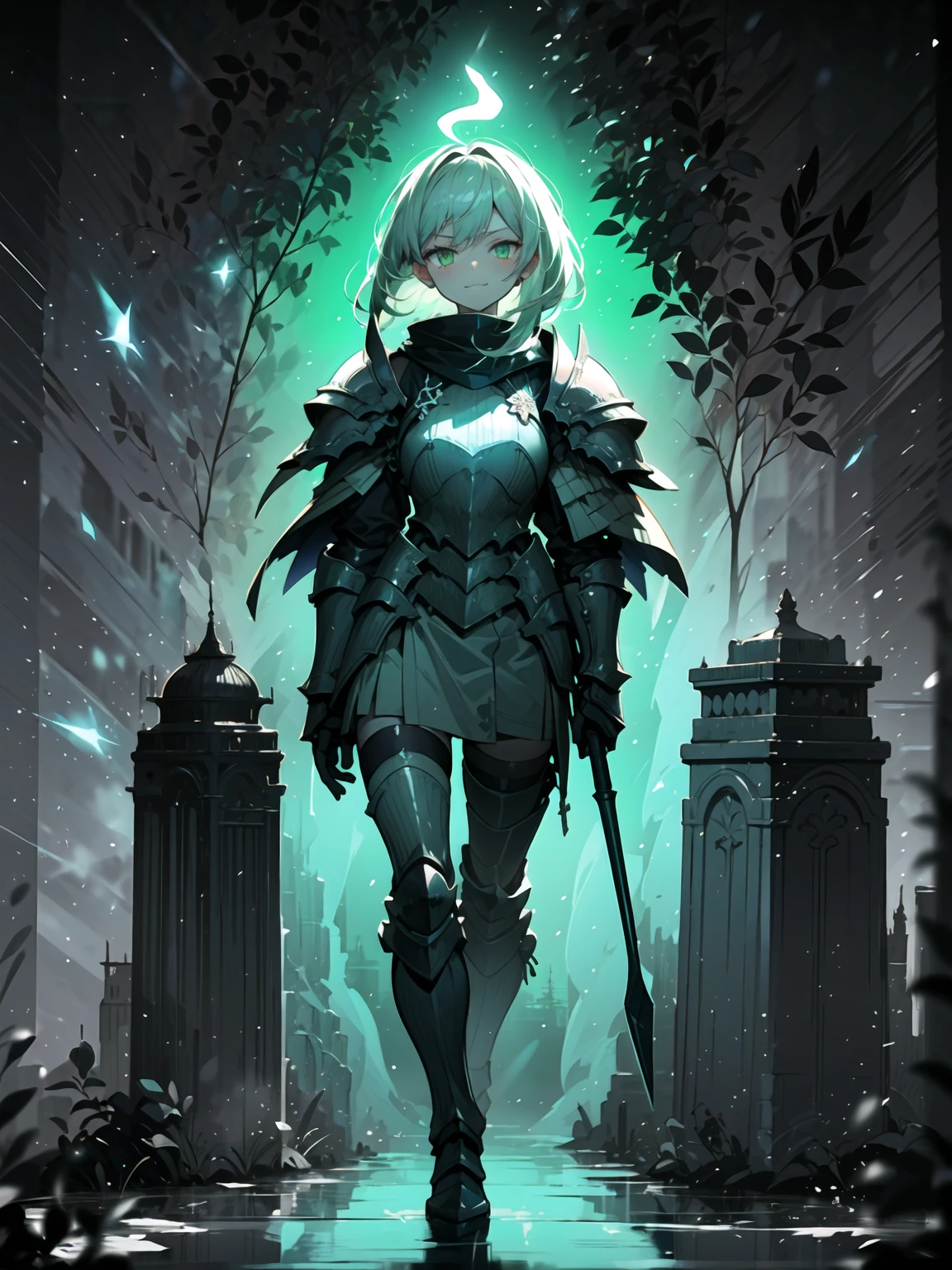 (((masterpiece, best quality, 8k))), fierce female knight, (full-body), emerald dragon scale armor, shimmering green glow, short spiky white hair, strands framing a sharp face, intense emerald eyes, smirk of confidence, walking through a dark enchanted forest, bioluminescent flora, dragons lurking in the misty canopy, magical energy crackling around her, (mystical lighting, high contrast)