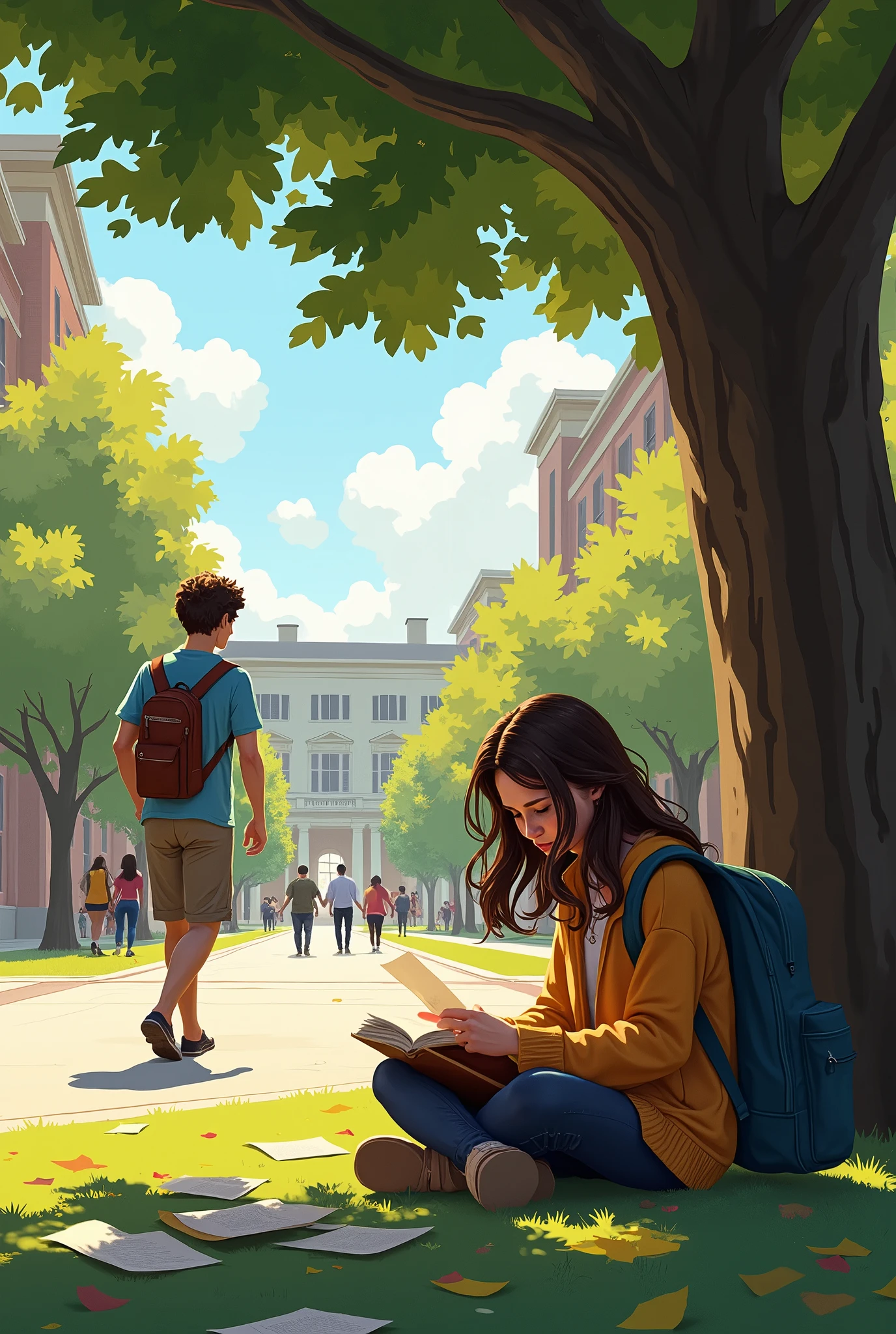 IN A COLLEGE CAMPUS * Ethan walks by, and a gust of wind blows Lily's papers from her book SHE WAS SITTING UNDER THE TREE AND READING BOOKS