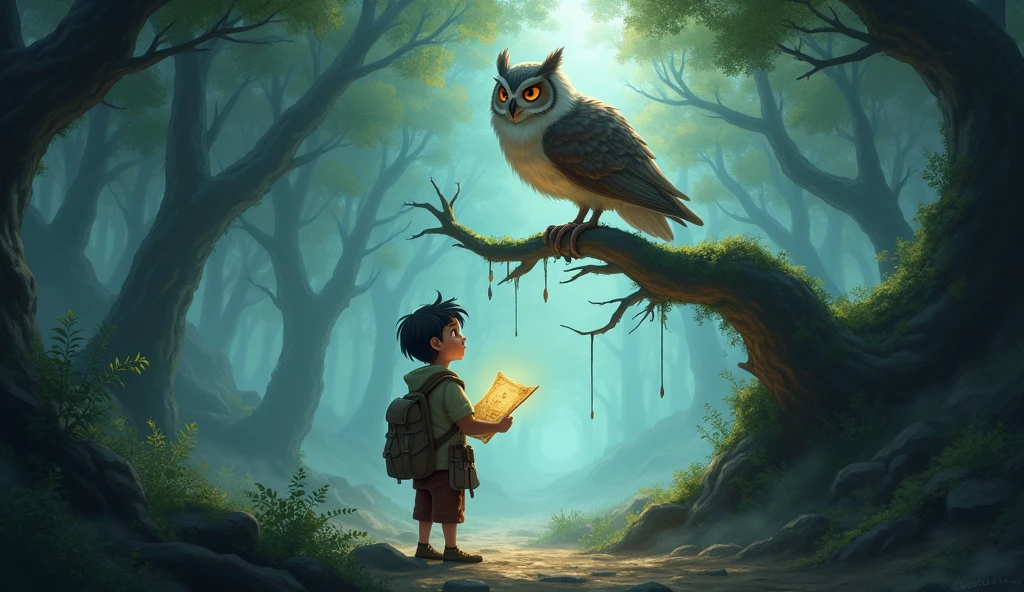 Wise old owl perched on a tree branch in a mystical forest glen. Milio looks up at the owl, intrigued, with the glowing map visible.