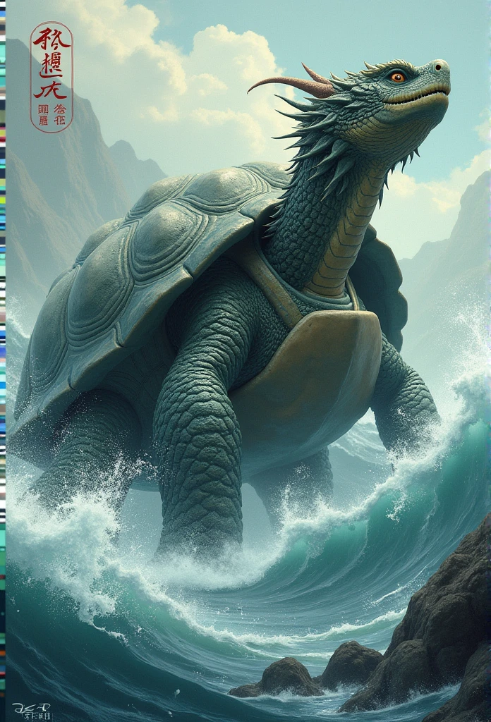 Dragon turtle,Huge, Heavy tortoiseshell shell,Chinese leader,swell sea,China-style,oc rendered,super-fine,high qulity,A high resolution,