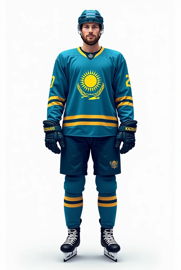 ((officially)) ((masterpiece)) ((Best quality)) ((detailed)) hockey player in uniform with emblem flag of Kazakhstan on white background